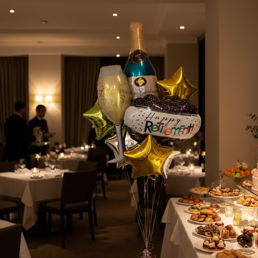 Bouquet with champagne bottle, balloons, and 'Happy Retirement!' sign in a formal setting.