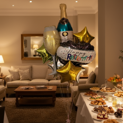 Decorative setup with champagne bottle, balloons, and snacks in a living room.